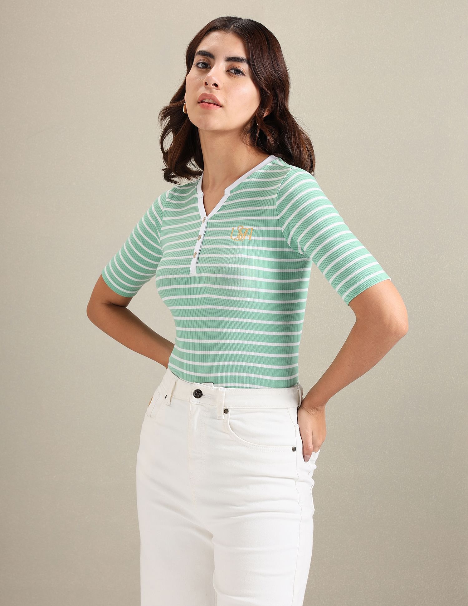 U.S. Polo Assn. Women Horizontal Stripe Ribbed T-Shirt