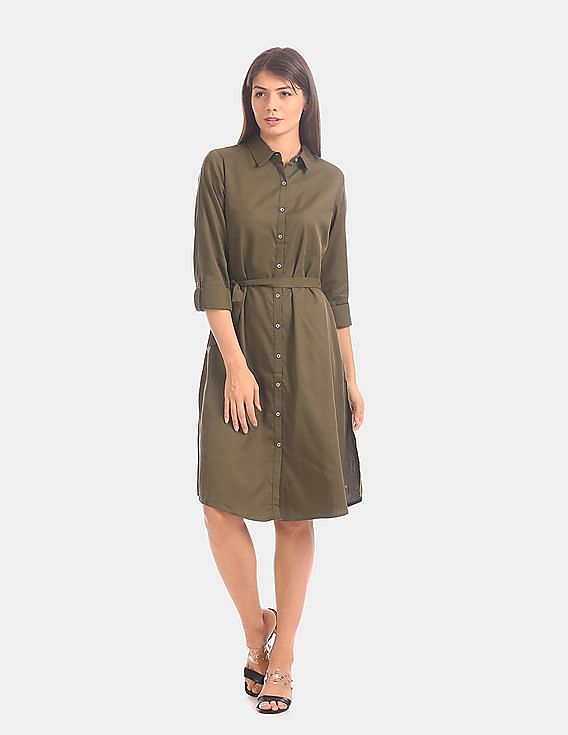 U.S. Polo Assn. Women Green Tie Up Waist Shirt Dress