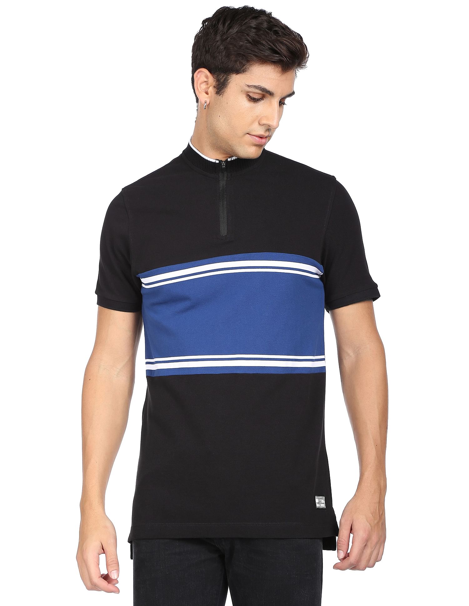 Flying Machine Mock Neck Horizontal Stripe Cotton T-Shirt