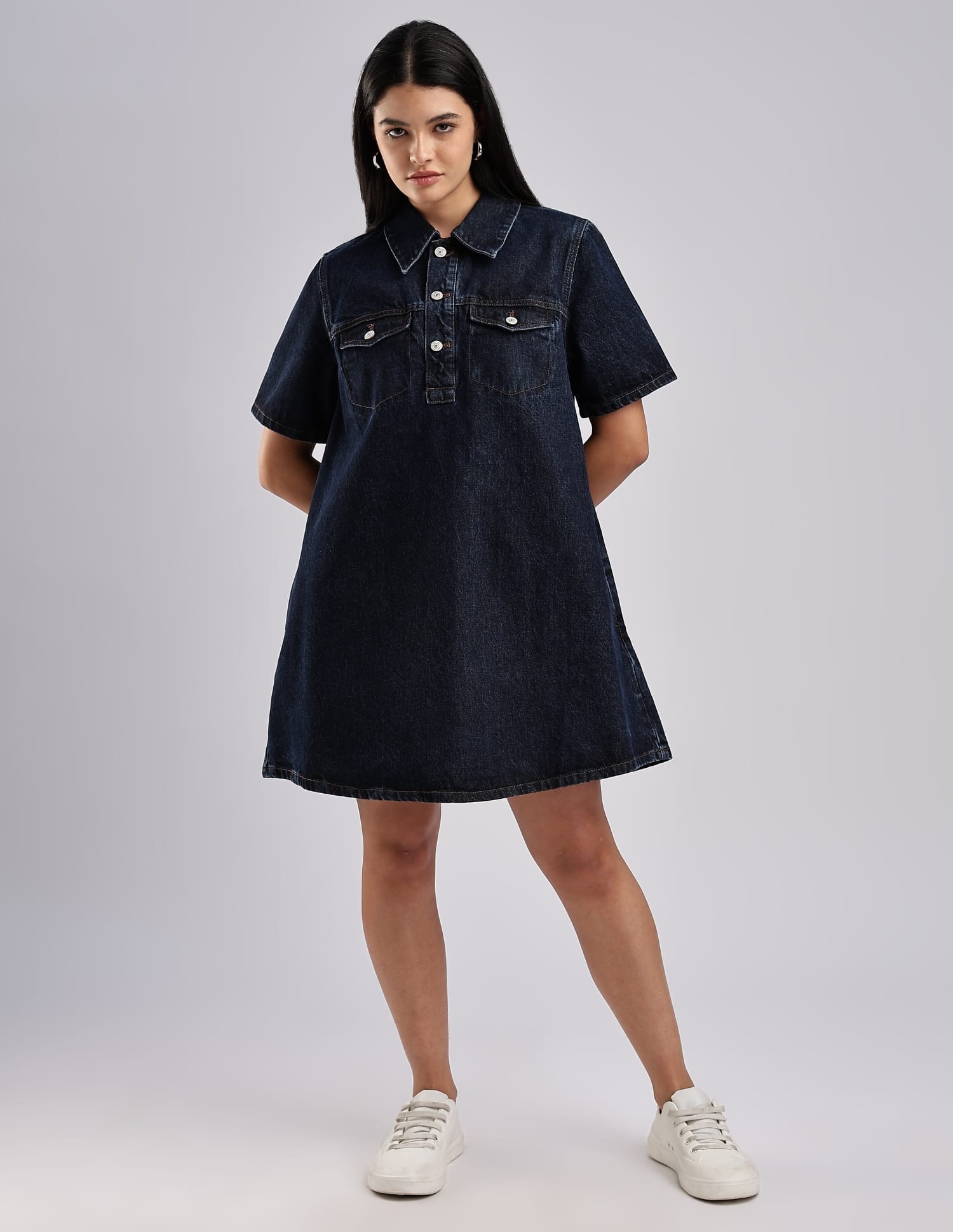 calvin klein denim shift dress V-Neck Denim Shift Dress