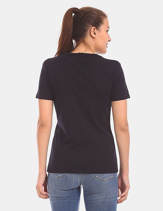 TOMMY HILFIGER Womens Navy Short Sleeve V Neck T-Shirt S 