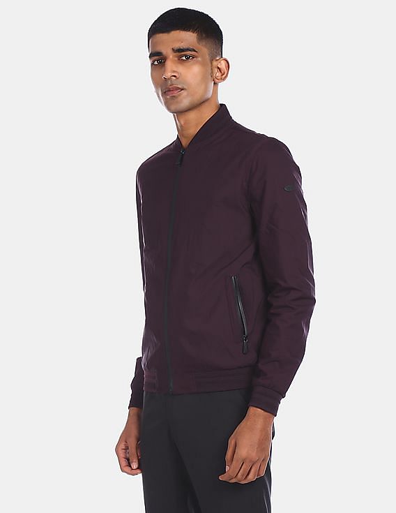 U.S. Polo Assn. Men Dark Purple Ribbed Stand Collar Solid Bomber Jacket