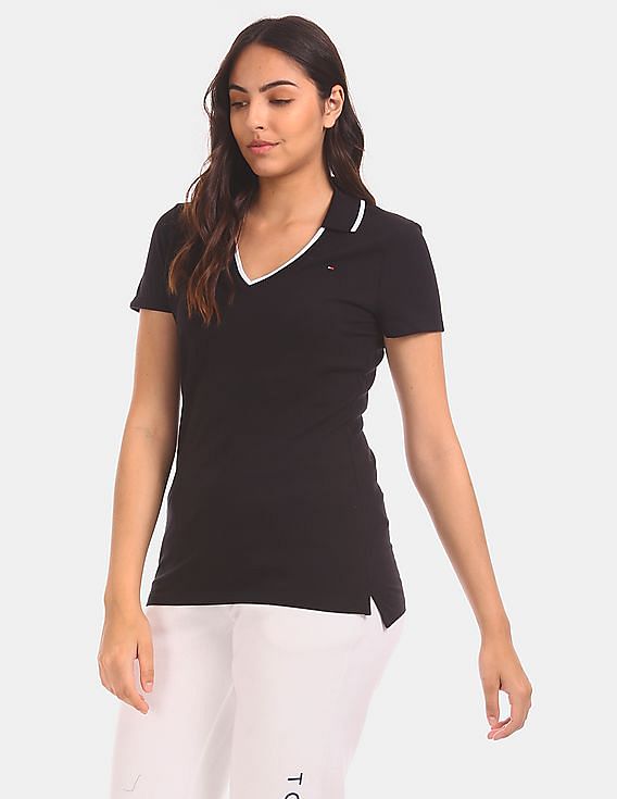 Buy Tommy Hilfiger Women Women Black Tipped V-Neck Cotton Stretch Polo Shirt