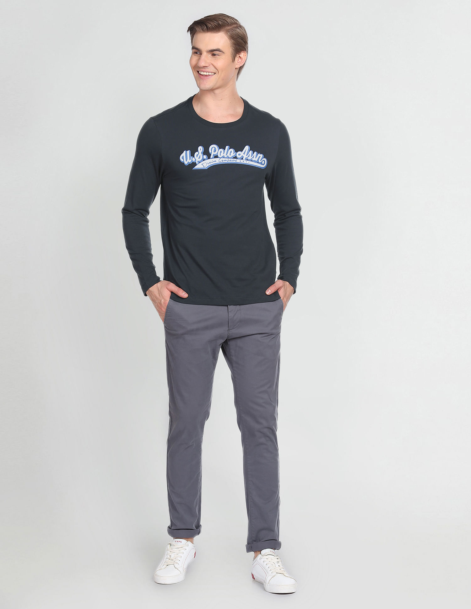 U.S. Polo Assn. Denim Co. Crew Neck Long Sleeve Brand Print T-Shirt