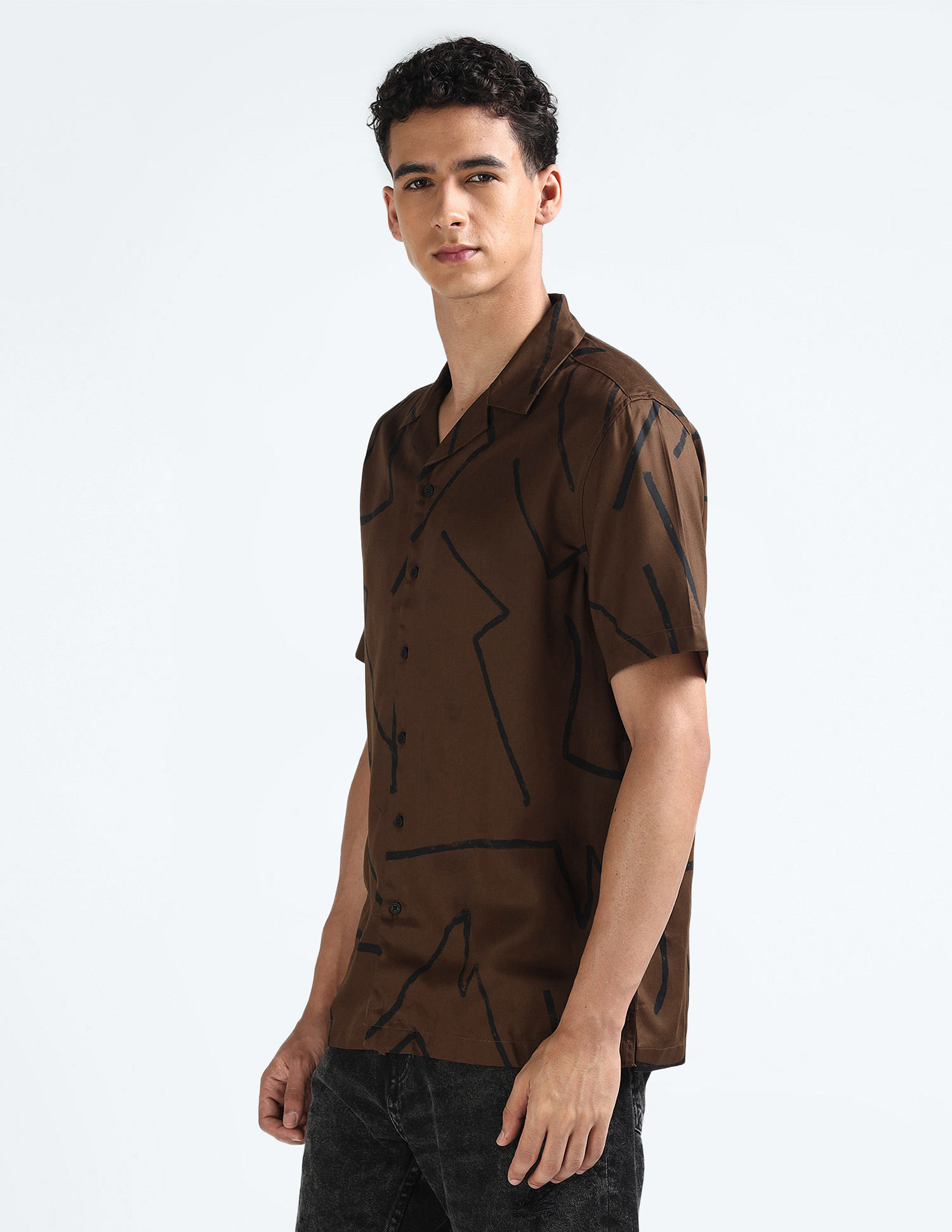 Flying Machine Cuban Collar Printed Holiday Shirt
