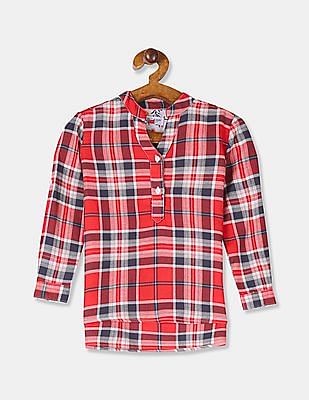 U S Polo Assn Kids Girls Red Mandarin Collar Check Top