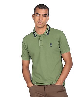 U S Polo Assn Striped Collar Solid Polo Shirt