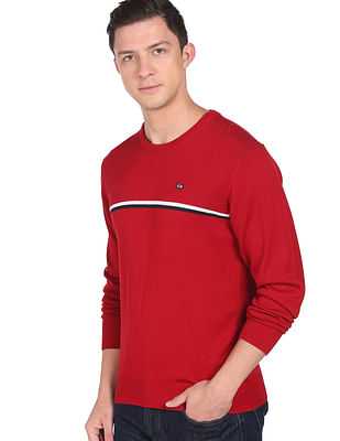 Arrow Sports Men Red Interlock Knit Striped Sweater