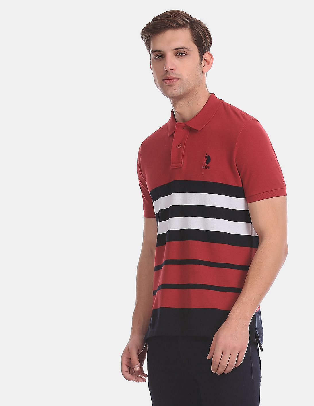 Buy Men Red Striped Pique Polo Shirt online at NNNOW.com