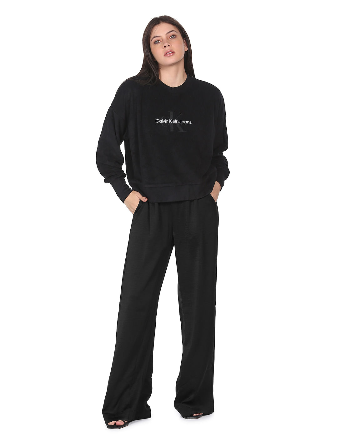 Buy Calvin Klein Jeans Women Black Logo Waist Band Wide Leg Buy Calvin Klein Jeans Women Black Logo Waist Band Wide Leg