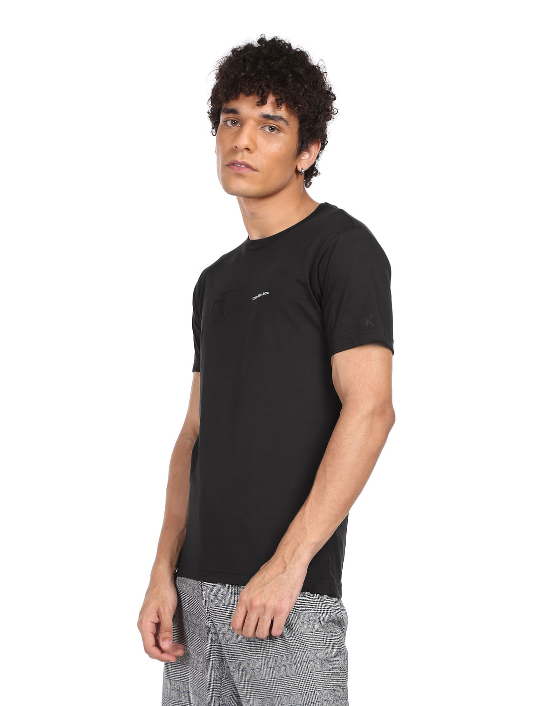 Buy Calvin Klein Men Black Crew Neck Embossed Logo Cotton T
