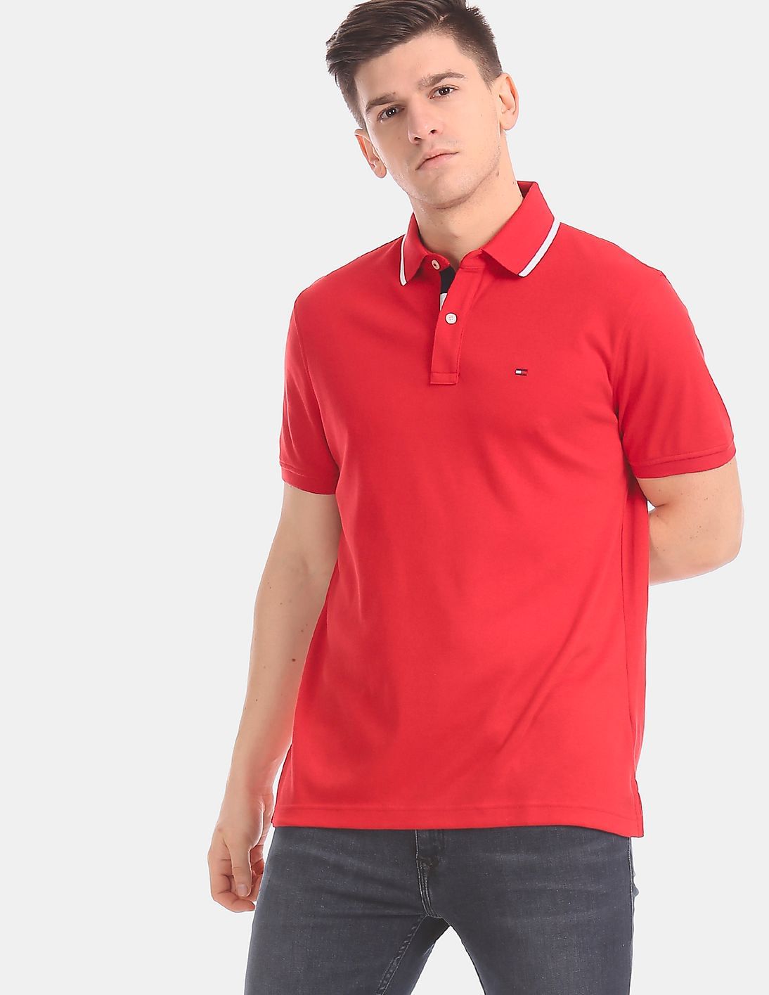 Tommy Hilfiger Mens Custom Fit Solid Color Polo Shirt Men Shirts