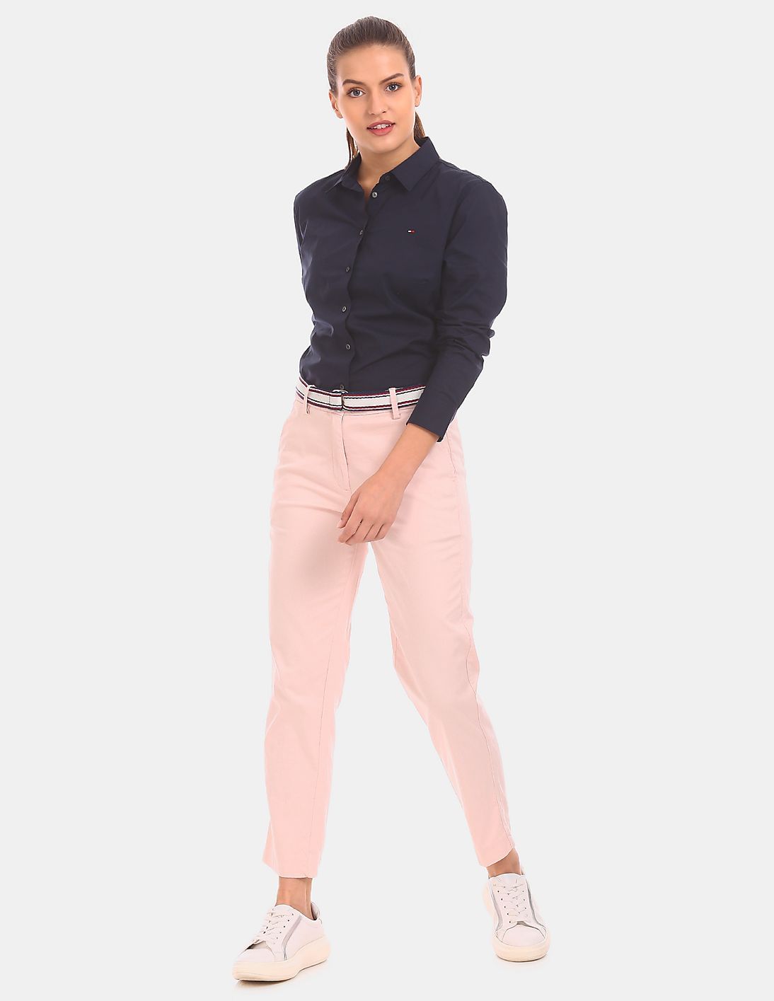 【まなみつ】6 COTTON CAMERA PANTS/SHIRTS MULTI STRIPED DOBBY CHINO BELTED HIGH WAIST PANTS(XS Navy