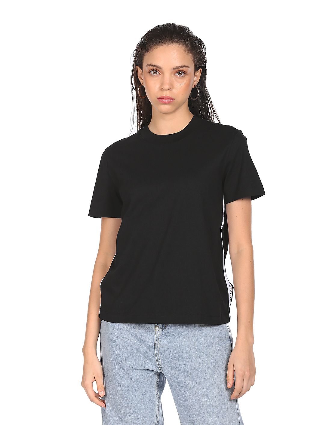 Buy Calvin Klein Women Black Contrast Side Tape Cotton T