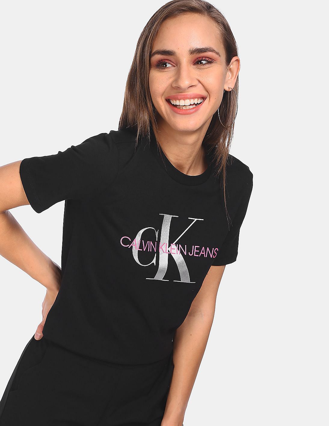 Buy Calvin Klein Women Black Straight Fit Monogram Modern T-Shirt ...