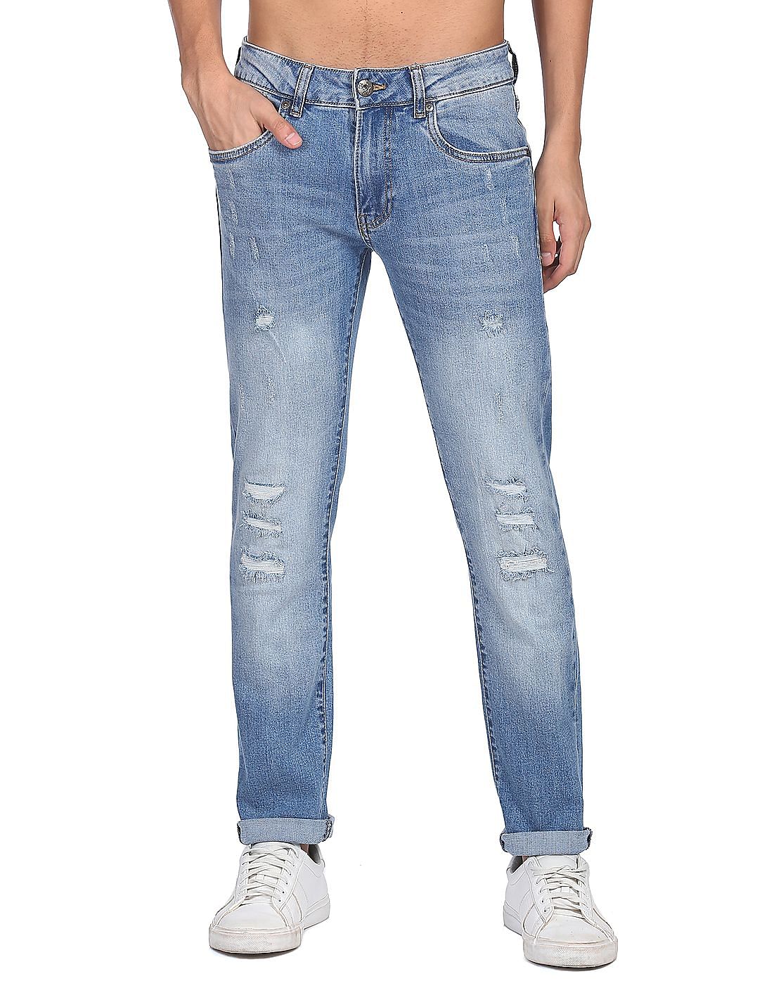 Distressed Rip & Repair Slim Tapered Denim Jeans - Lowell Blue