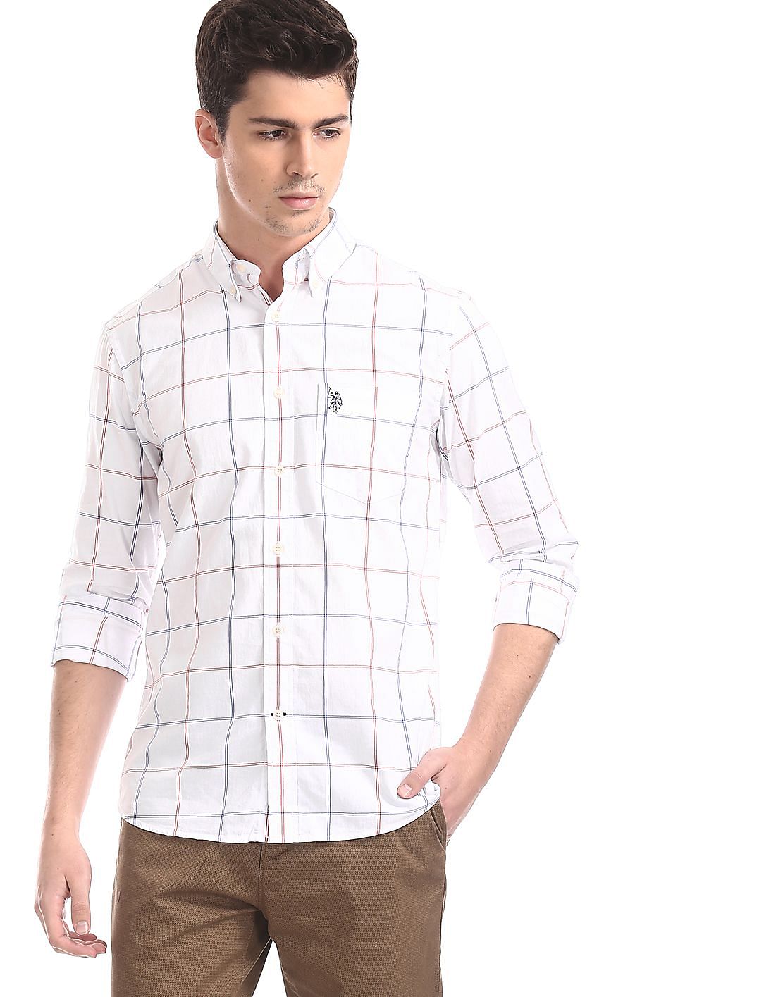 Buy Men White Button Down Collar Windowpane Check Shirt online at NNNOW.com