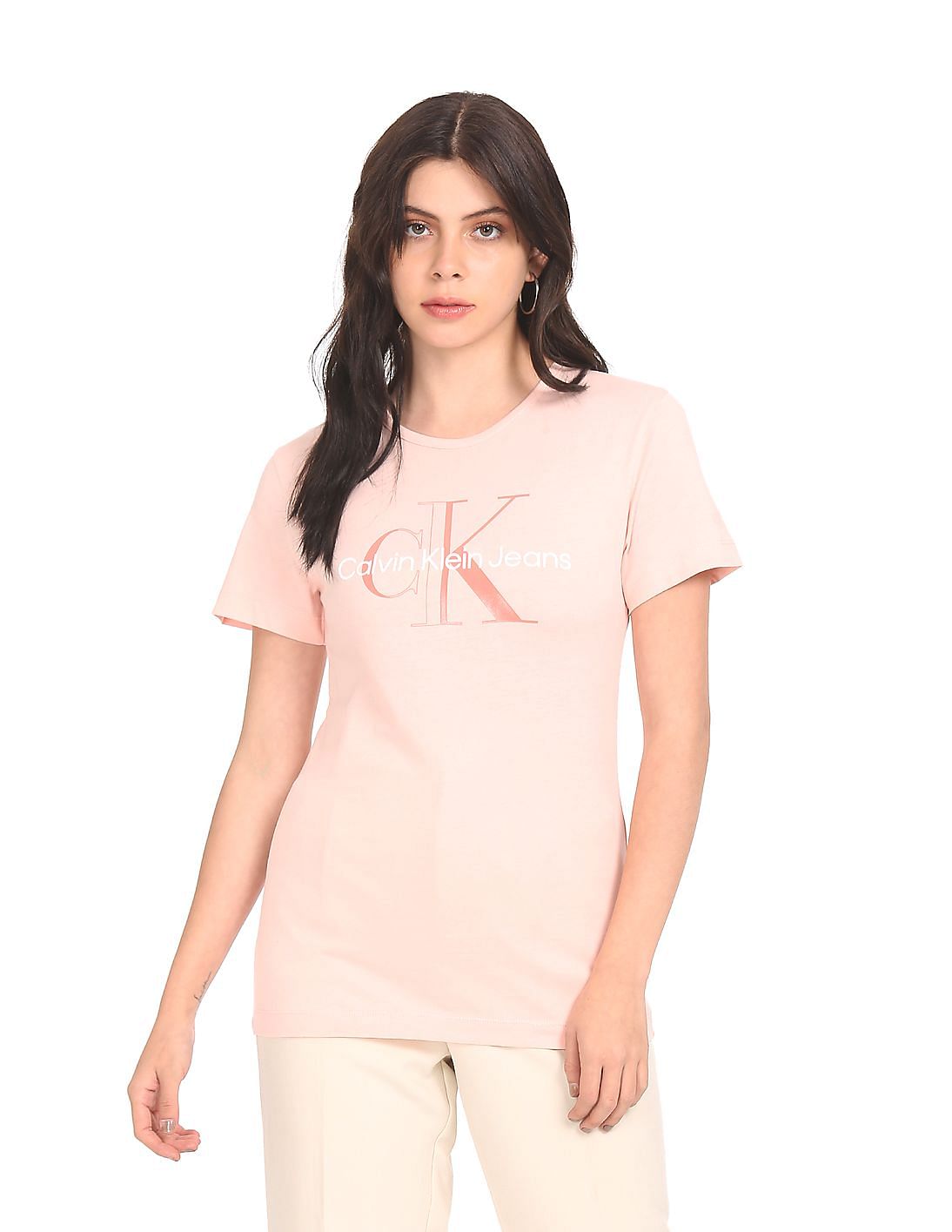 Buy Calvin Klein Jeans Women Pink Pure Cotton Logo Print T Shirt NNNOW