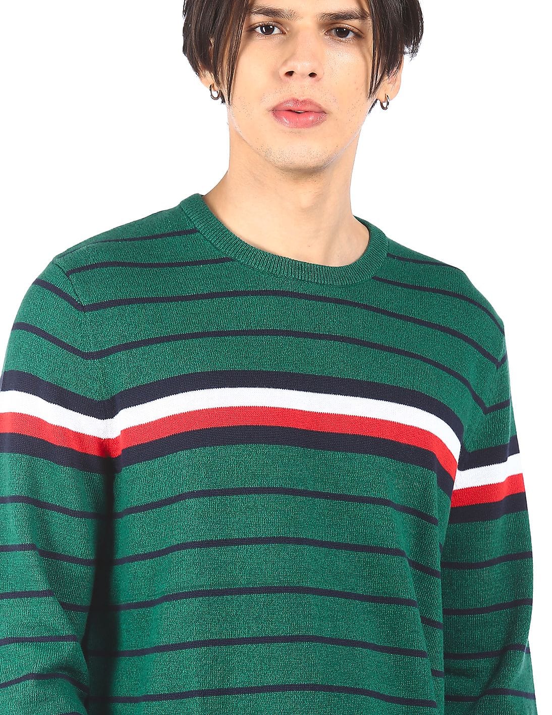 Buy Tommy Hilfiger Men Green Crew Neck Striped Sweater - NNNOW.com