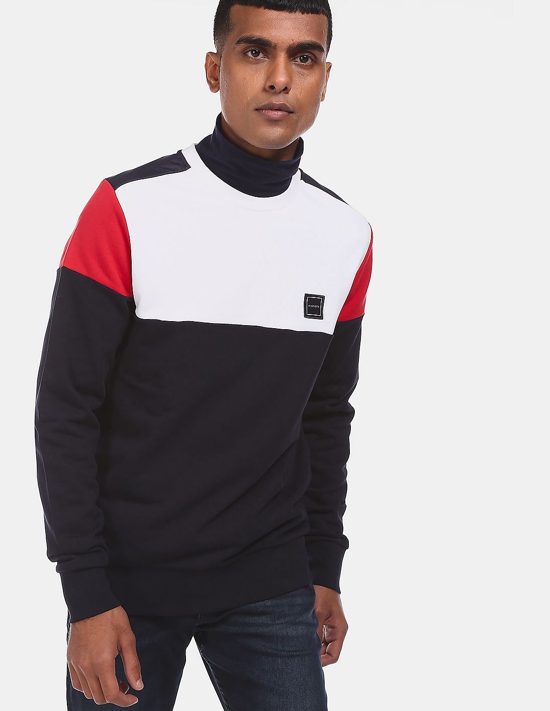 Buy Tommy Hilfiger Men Navy Turtleneck Colour Block Sweatshirt - NNNOW.com