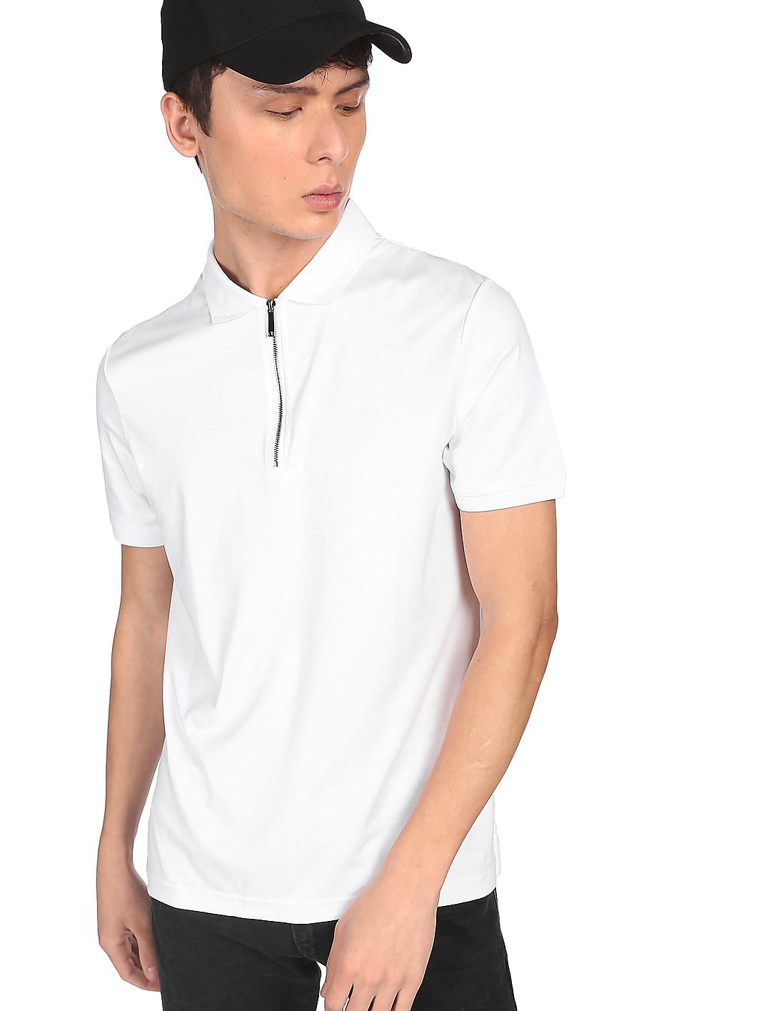 Buy Calvin Klein Men White Half Zipper Smooth Cotton Polo Shirt 