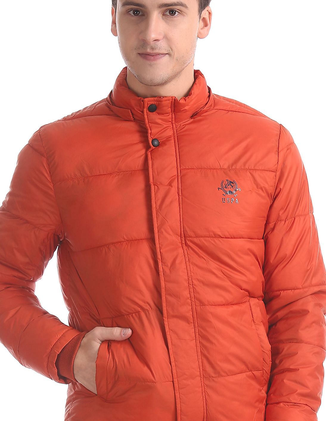 orange and blue polo jacket