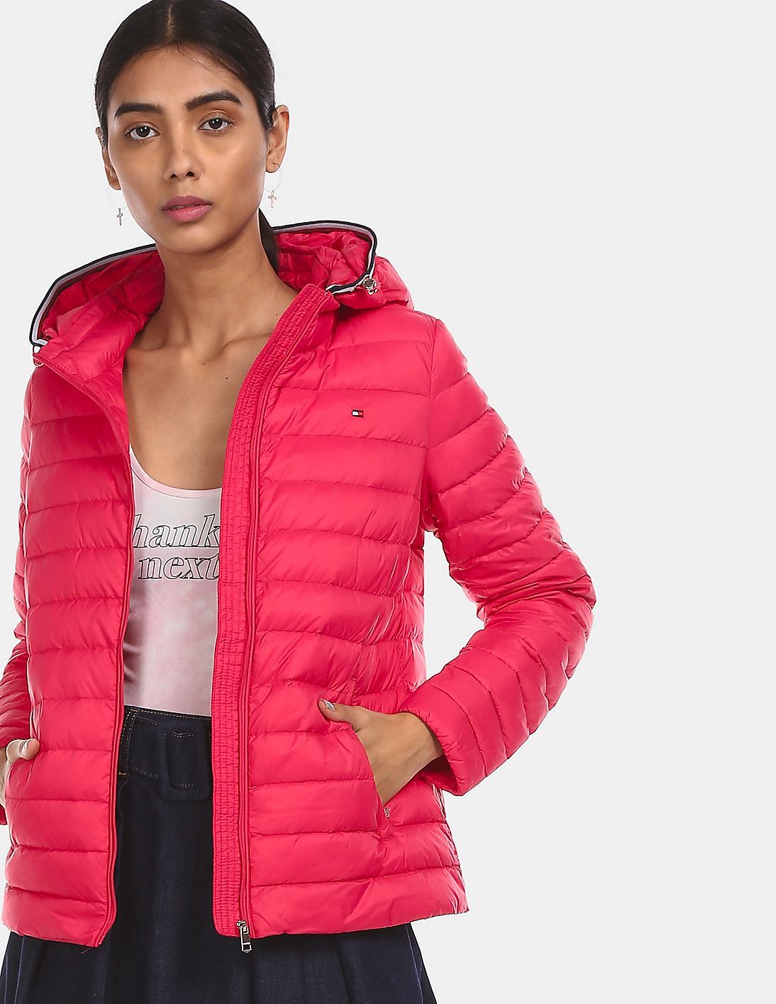 Buy Tommy Hilfiger Women Pink Detachable Hood Solid Quilted Down Jacket ...