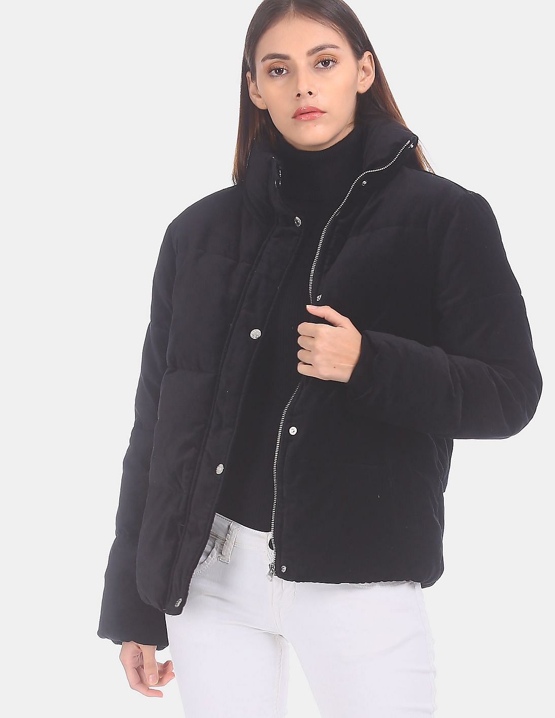 Buy Calvin Klein Women Black A-Velvet Puffer Mock Neck Cotton Jacket ...