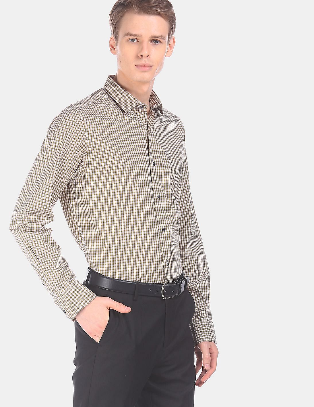 Buy Arrow Men Olive And Off White Check Cotton Formal Shirt - NNNOW.com