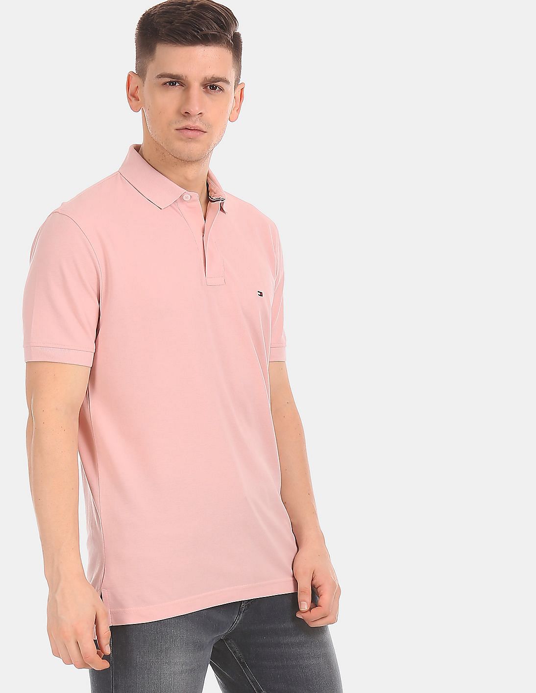 Buy Tommy Hilfiger Men Light Pink Regular Fit Solid Pique Polo Shirt ...