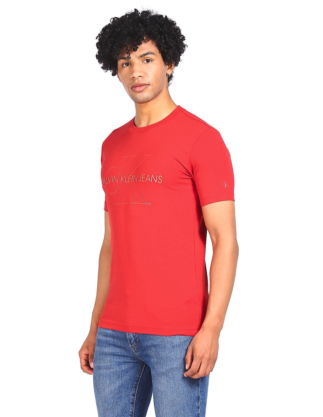 Buy Calvin Klein Men Red Crew Neck Brand Print T-Shirt