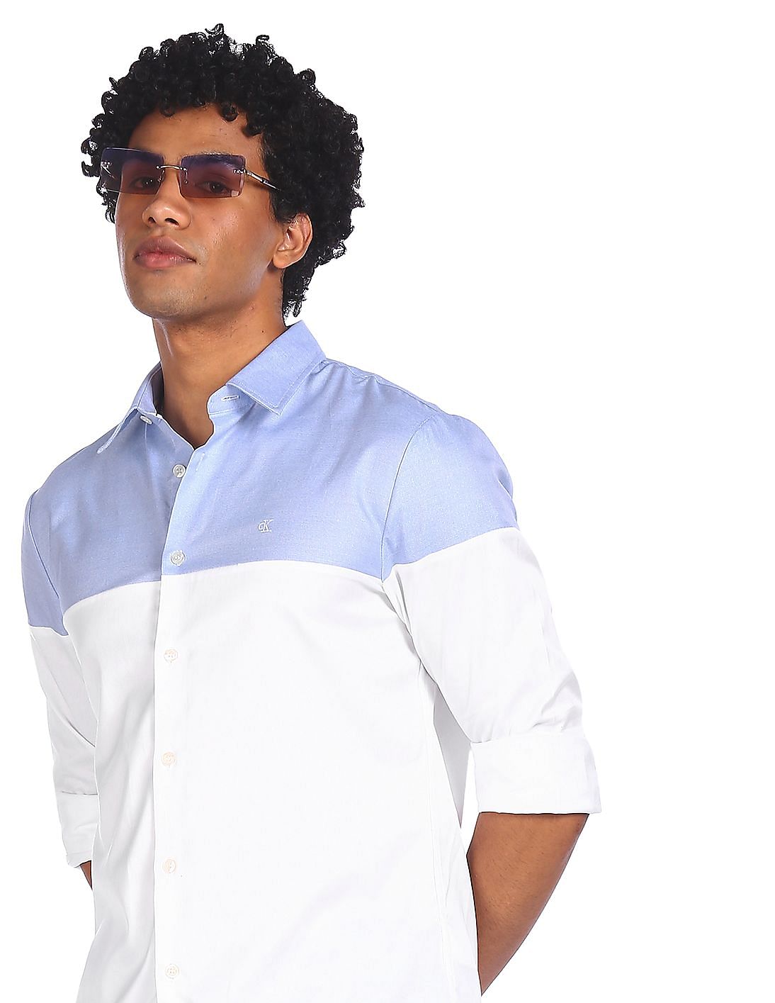 blue cotton color block casual shirt