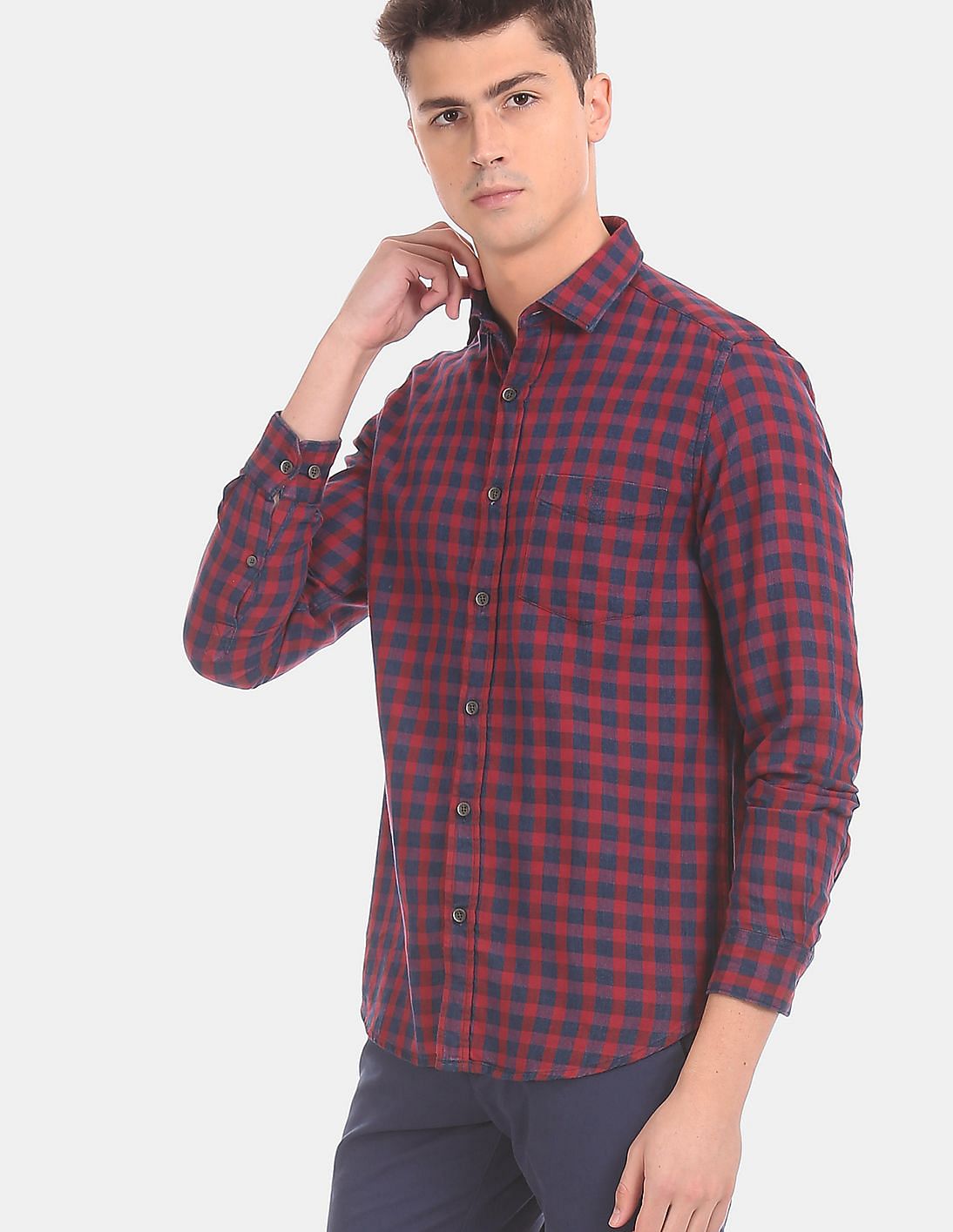 red and navy check shirt