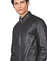 Calvin Klein Men Black Stand Neck Leather Biker Jacket