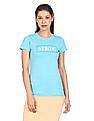 Aeropostale Women Aqua Crew Neck Brand Print T-Shirt