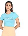 Aeropostale Women Aqua Crew Neck Brand Print T-Shirt