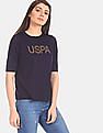 U.S. Polo Assn. Women Blue Brand Embellished Round Neck T-Shirt